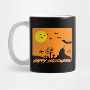 Moonlit Haunted House Ghost Bat Cobweb Gravestone. Mug